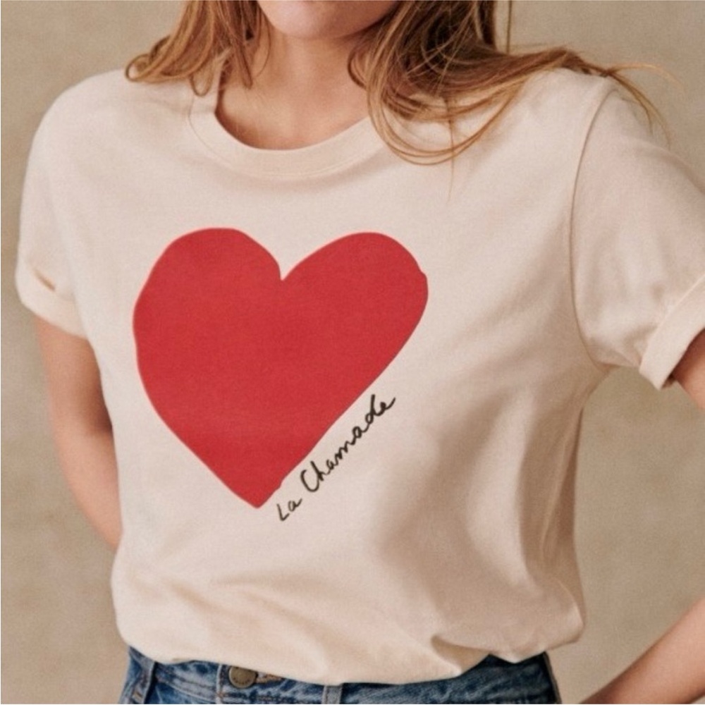 Sezane Cream Tee with Red Heart Graphic